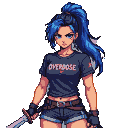 Warrior with electric blue hair, dark "Overdose" t-shirt, denim shorts, holding a sword, ready for battle.