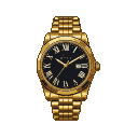 Luxurious gold wristwatch with a black face and Roman numerals, on a transparent background.