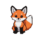A pixel art fox with vibrant orange fur, a white chest and tail tip, sits calmly with sparkling dark eyes.