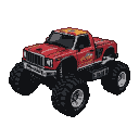 Red monster truck with oversized tires, yellow accents, and fiery side decals.