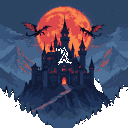 Dark fantasy castle silhouetted against a colossal blood-red moon, with two dragoons patrolling the sky. The castle sits atop a craggy mountain, with a faintly glowing path leading to its entrance.