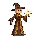 Stoic wizard with a cube-shaped head, wearing a brown robe with golden patterns and a pointed hat, conjures a radiant orb of light in his outstretched hand.