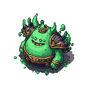 A portly green slime king with a golden crown and ornate armor, featuring jagged crystalline growths and a wide grin.