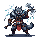 Wolf berserker in dark segmented armor, gripping a double-headed axe with crackling lightning around its shoulders.