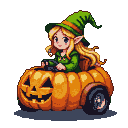 Pixel Art: Elve in pumpkin car