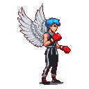 Female fighter with large feathered angel wings, red boxing gloves, and blue hair in a ready stance.