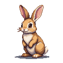 A fluffy brown rabbit with large, alert ears sits with its paws tucked and a curious expression.