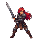 Female warrior with flowing red hair, wearing weathered armor and wielding a broadsword, poised for battle.