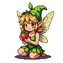 A pixie with emerald eyes and translucent wings, wearing a green leafy outfit, kneels and cradles a red strawberry.