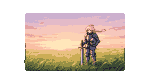 Solitary knight at sunset in a grassy field, sword upright, helmet under arm.
