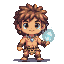 Chibi cave boy hunter with shaggy brown hair, leopard print loincloth, and a necklace of crocodile teeth, holding a glowing light blue crystal.