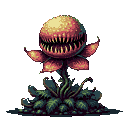 A monstrous, mutated flytrap flower with a gaping, tooth-lined maw, its bulbous head orange and yellow, framed by deep red petals. A thick, gnarled stem emerges from dark green leaves.