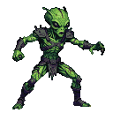 Menacing alien fighter with vibrant green, rough skin and dark segmented armor, in a defensive, ready-to-strike pose with clawed hands outstretched.