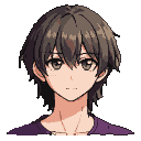 Young anime character with dark brown hair, neutral expression, and large, expressive eyes, wearing a dark purple garment.