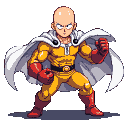 Saitama in his yellow suit, red gloves, and white cape stands in a heroic, ready-to-fight pose against a black background.