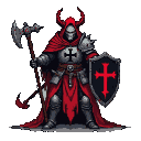 A demonically possessed Templar Knight in a tattered red robe, with red horns, a black Templar cross on its chest, and a black shield with a red Christian cross. It holds a spiked, rusted mace.