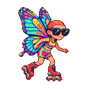Whimsical pixie with butterfly wings on rollerblades, wearing sunglasses, a neon crop top, and shorts.