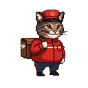 Portly cat mail carrier in a red uniform and cap, carrying a brown satchel.