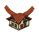 A two-story house with cream walls and a distinctive, upward-sweeping terracotta roof.