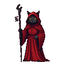 Pixel Art: cat necromancer in red robes with mause on end of staff