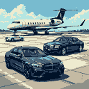 A sleek white private jet awaits on the tarmac, flanked by luxurious sedans. This opulent scene evokes a sense of wealth and the freedom of high-end travel.