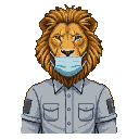 Regal lion wearing a light blue medical mask and a light gray button-up shirt with chest pockets and sleeve patches.
