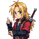 Young male character with messy blonde hair and blue eyes, wearing a red jacket and dark gloves, holding his right hand up. A sword is sheathed on his back.