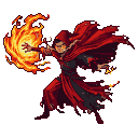 Pixel Art: fire mage in red cape, cartoon style