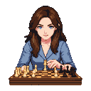 Brunette woman with blue eyes intently focused on a chessboard, hands poised above the pieces.