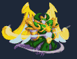 Winged warrior in green and gold armor, arms forward, with large golden wings spread.