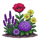 A vibrant cluster of flowers including a crimson poppy, purple lavender, deep purple hydrangea, and three yellow flowers with smiley faces, all set against a dark earthy background.