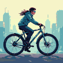 A solitary cyclist in a teal jacket and dark pants rides a futuristic fixie bicycle through a hazy, desaturated cityscape.