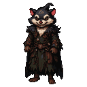 A cloaked figure wears a Tasmanian devil mask, layered armor, and a feathered mantle.