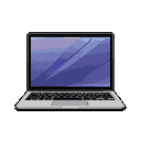 Silver laptop with a blue and purple abstract wallpaper on its screen.