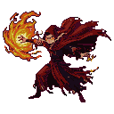 Pixel Art: fire mage in red cape, cartoon style