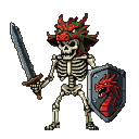 Skeletal warrior wearing a red and green dragon helm, holding a broadsword and a shield with a red dragon emblem.