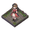 Anime girl in red and white outfit with dark hair, standing on a cobblestone platform, viewed from an isometric perspective.