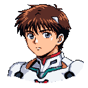 Close-up portrait of a young man with short brown hair and light blue eyes, wearing a white, high-collared futuristic suit with red and teal accents.