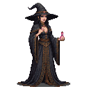 Pixel Art: witch in black holding pink love potion, npc game character, full body sprite (generated with AI and edited by sandacz).