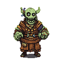 A peculiar, green-skinned merchant with a wide, toothy grin and hollow, glowing eyes, wearing a layered, earth-toned tunic with pouches and straps.