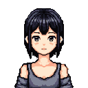 Young Japanese-inspired girl with short dark hair, black eyes, and a gentle expression, wearing a grey off-the-shoulder top.