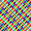 A chaotic checkerboard pattern of bright, saturated red, orange, yellow, green, cyan, blue, magenta, and white pixels.