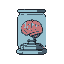 A pink, pixelated brain floats inside a transparent blue cylinder on a grey futuristic base.