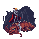 Knight in silver armor and red cape, arms crossed atop a defeated red dragon.