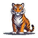 A majestic tiger with vibrant orange fur, bold black stripes, and a white chest sits regally, looking forward with intelligent eyes.