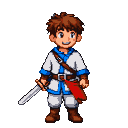 Young adventurer in white and blue attire with a red sash, holding a short sword.