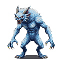 A hunched, bipedal creature with icy blue fur, sharp claws, menacing yellow eyes, and bared teeth stands ready to strike.