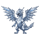 Crystalline dragon with spread wings, white and light blue pixels, sharp horns, open maw, against a void.