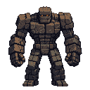 A colossal stone golem with glowing orange eyes, constructed from rough-hewn brown and grey blocks.
