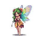 A fairy with vibrant green hair, expressive eyes, and iridescent wings, wearing a flowing dress of orange and yellow, stands with hands clasped.